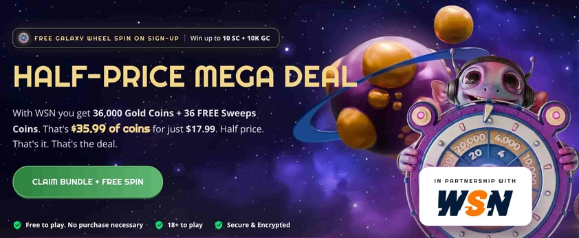 Zunado welcome bundle banner with a sign-up wheel spin note, a half-price deal headline, a claim button and an alien mascot