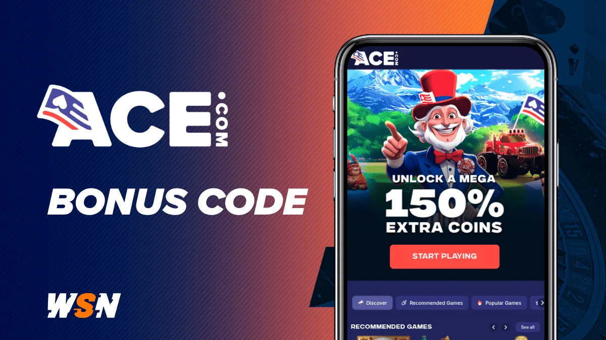Ace.com logo and bonus code title on a gradient beside a phone showing the site's welcome banner with an Uncle Sam mascot