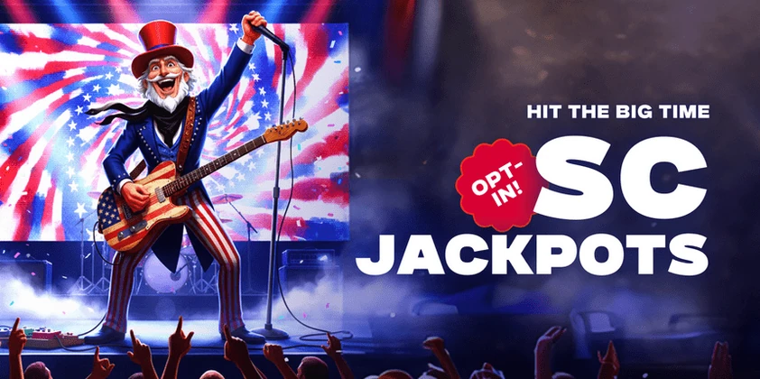 Ace.com jackpot promotion artwork of a cartoon Uncle Sam playing guitar on stage beside an opt-in Sweeps Coin jackpot title