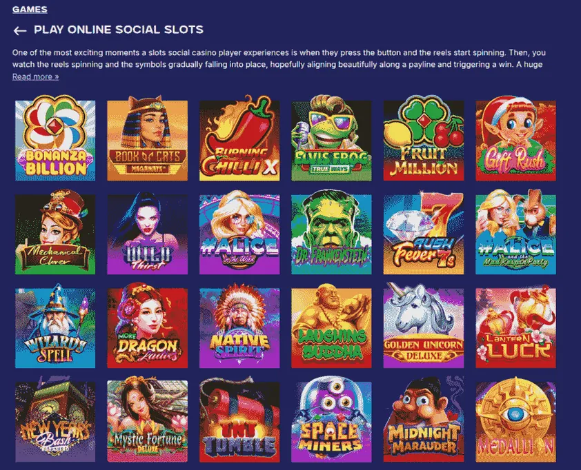 Ace.com online social slots page with a short intro and a four-row grid of slot game tiles