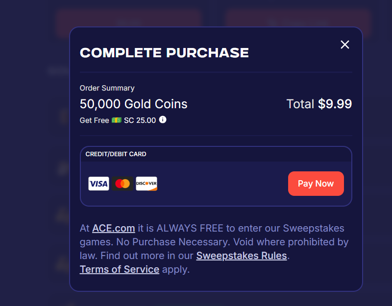 Ace.com complete purchase pop-up with an order summary, card payment option with a pay now button and sweepstakes rules text