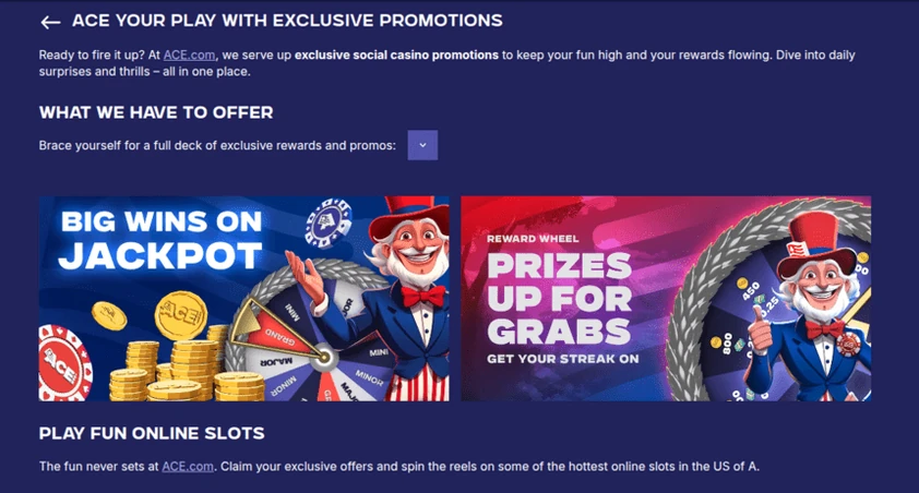 Ace.com promotions page with an intro, a jackpot promo tile and a reward wheel tile, each featuring the Uncle Sam mascot