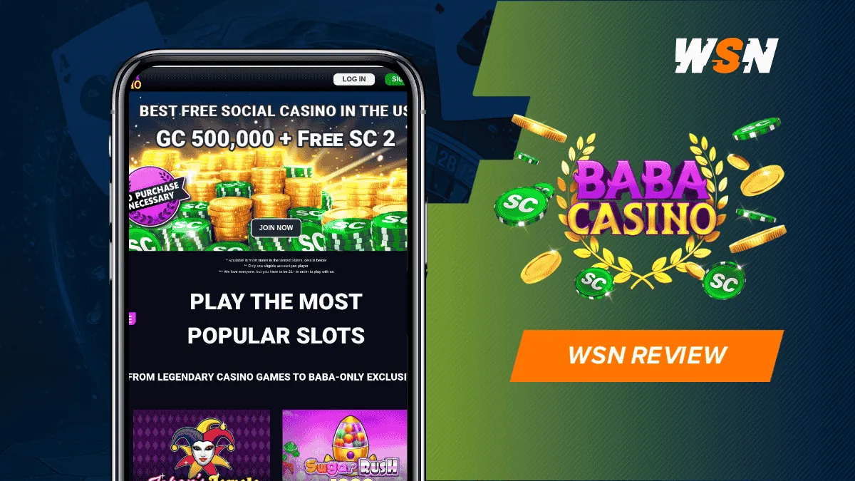 Baba Casino logo with coins and a laurel beside a phone showing the casino homepage, with the WSN logo and a review tag