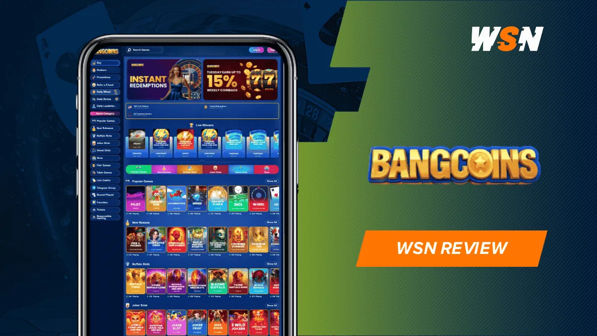 BangCoins logo beside a phone showing the casino lobby, with the WSN logo and an orange review tag on a split background