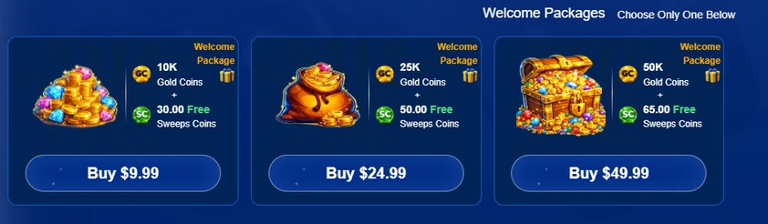 BangCoins welcome packages row of three first-purchase offers, each pairing Gold Coins and Sweeps Coins with a buy button