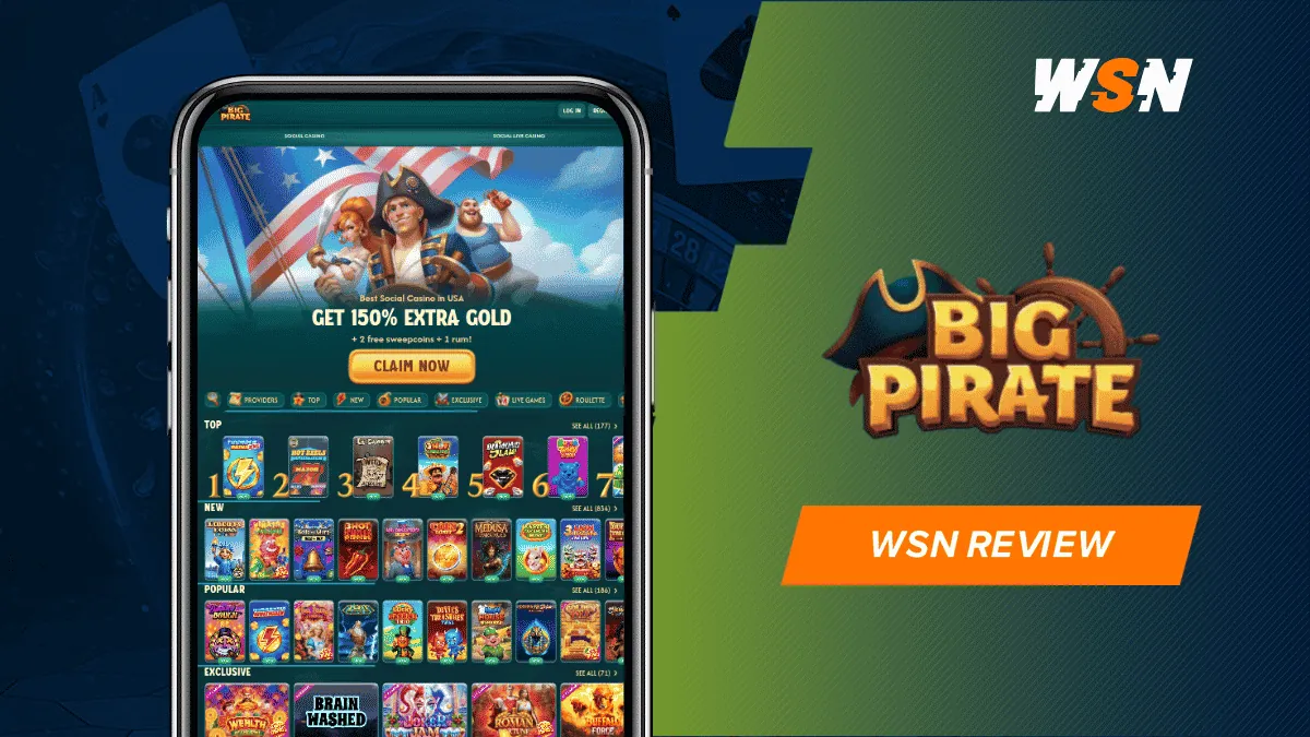 Big Pirate logo beside a phone showing the casino homepage with pirate characters and game rows, plus a WSN review tag