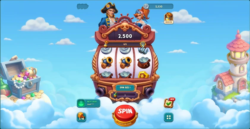 Big Pirate island building mini-game with a three-reel ship-shaped slot, pirate characters and a red spin button