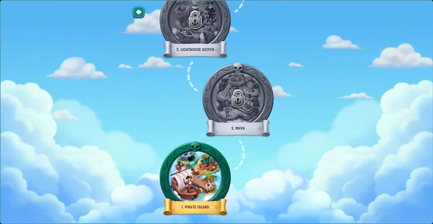 Big Pirate island map with Pirate Island unlocked and the next two islands shown as locked grey medallions