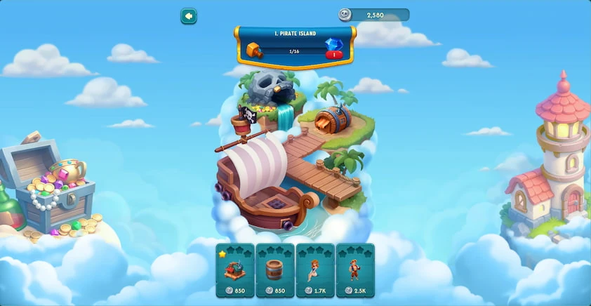 Big Pirate island building screen showing Pirate Island with a ship and dock, a progress header and buildable items below