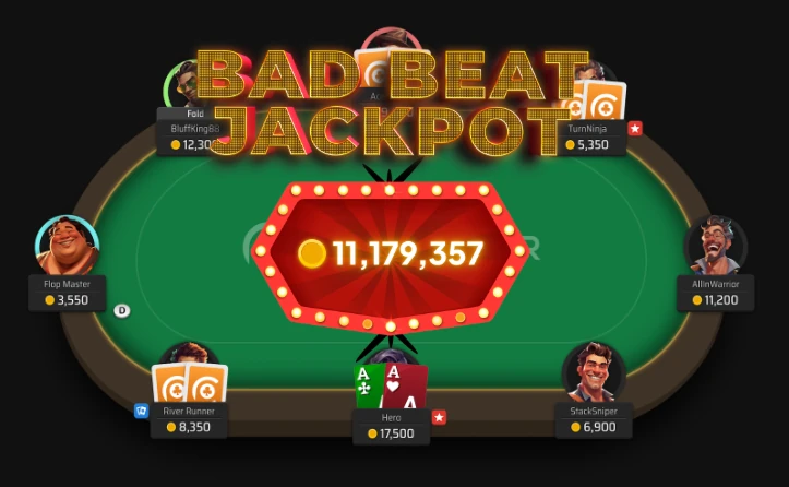 Clubs Poker illustration of a poker table with cartoon avatars and a lit Bad Beat Jackpot sign with a prize counter