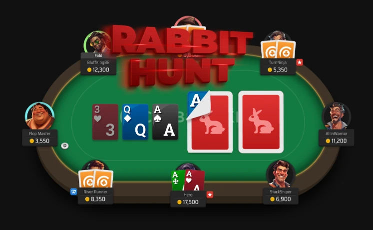 Clubs Poker illustration of a poker table with cartoon player avatars and the Rabbit Hunt feature revealing face-down cards