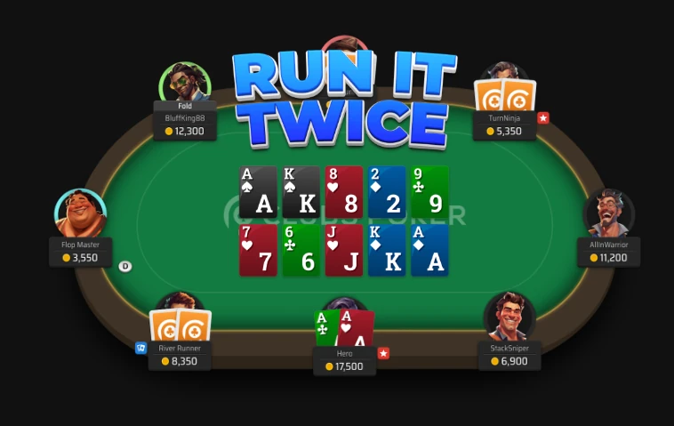 Clubs Poker illustration of a poker table with cartoon avatars and two boards of community cards for the Run It Twice feature
