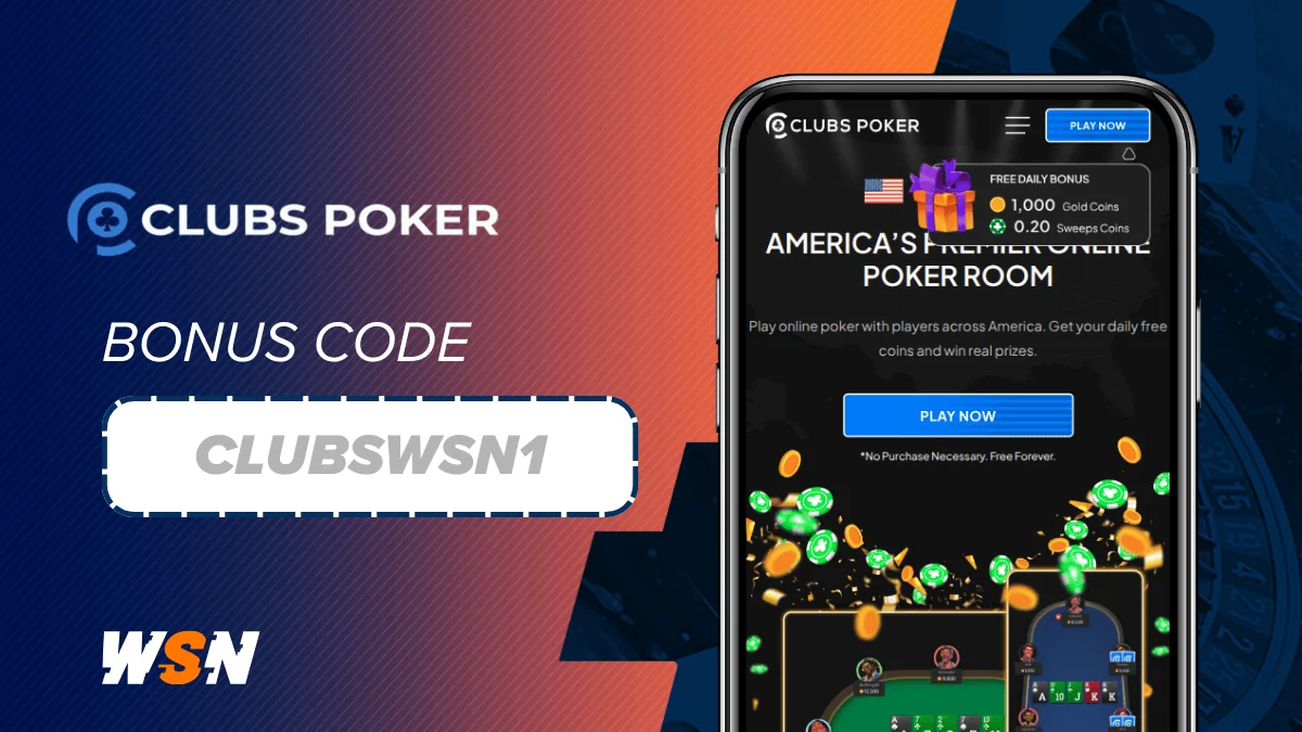 Clubs Poker logo and a bonus code box beside a phone showing the poker site homepage, with the WSN logo on a gradient
