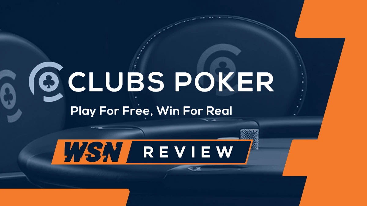 Clubs Poker logo and tagline over a dark poker table and chairs, with an orange and navy WSN review tag below