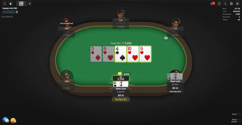 Clubs Poker sit and go table at showdown with five community cards, the pot total and two all-in players showing their hands