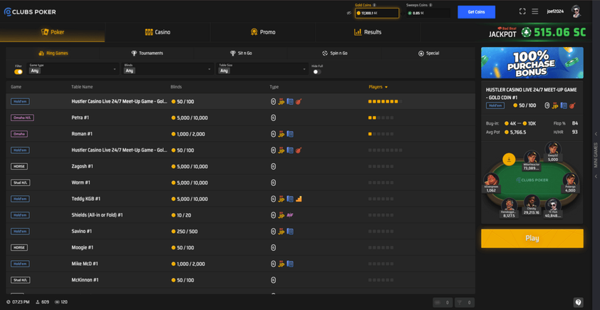 Clubs Poker ring games lobby with filter menus, a table list by stakes and type and a selected table preview