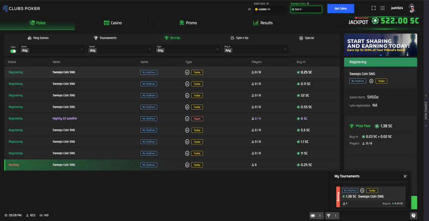 Clubs Poker sit and go lobby with filter menus, a list of tournaments by status, type, players and buy-in