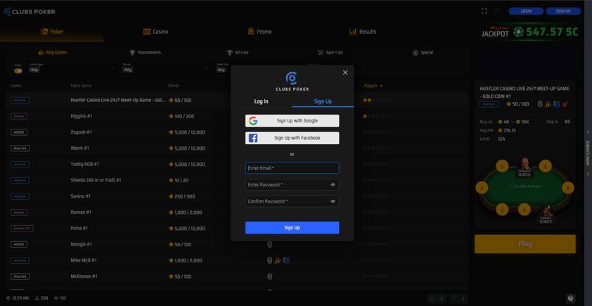 Clubs Poker sign up modal with Google and Facebook options and email and password fields over the ring games lobby