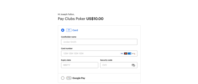Clubs Poker checkout page with card payment fields for cardholder name, card number, expiry and security code