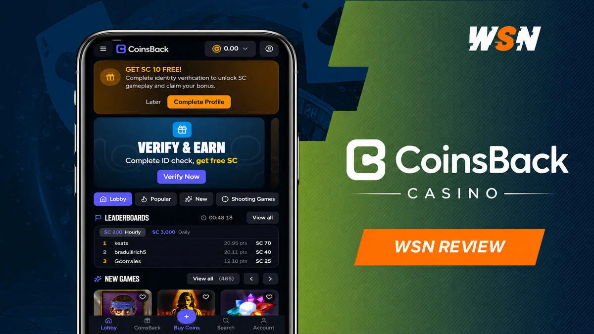 WSN banner with a phone showing the CoinsBack mobile lobby at left and the CoinsBack Casino logo above an orange review tag