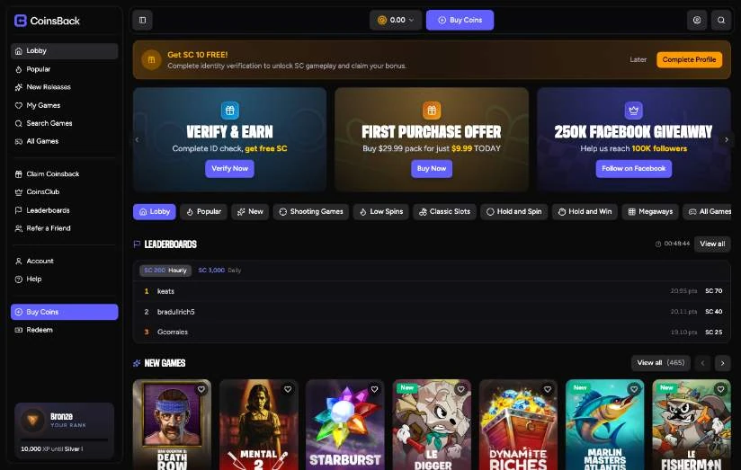 CoinsBack desktop lobby with a sidebar menu, ID check prompt, three promo cards, category chips, leaderboards and new games