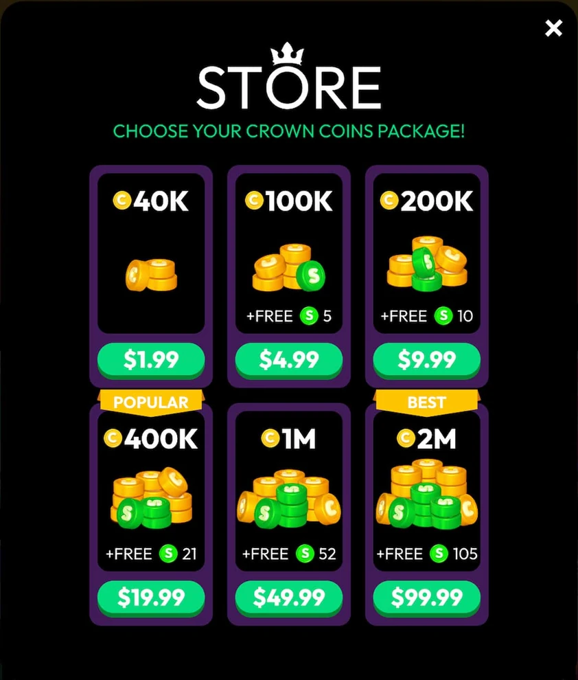 Crown Coins store popup with six Crown Coins package cards, bonus Sweeps Coins on most packs and price buttons