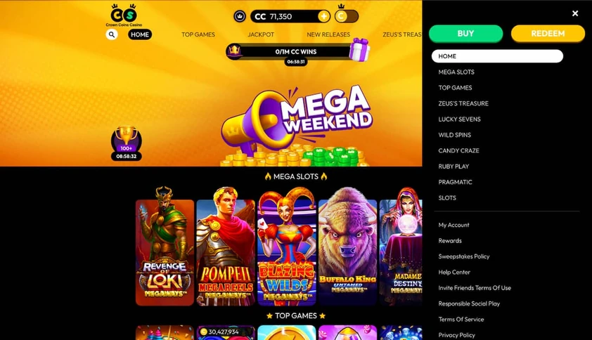 Crown Coins homepage with the side menu open showing buy and redeem buttons, game categories and account links