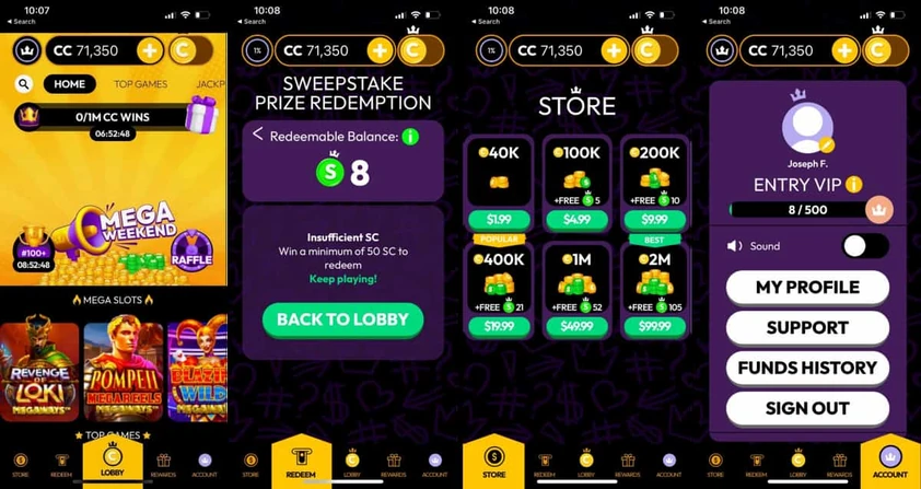 Crown Coins Casino mobile app shown across four screens: lobby, prize redemption, coin store and the account menu