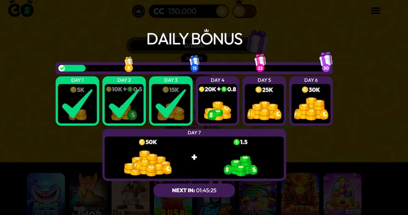 Crown Coins daily bonus calendar with a progress bar, seven day reward cards with checked days and a next claim countdown