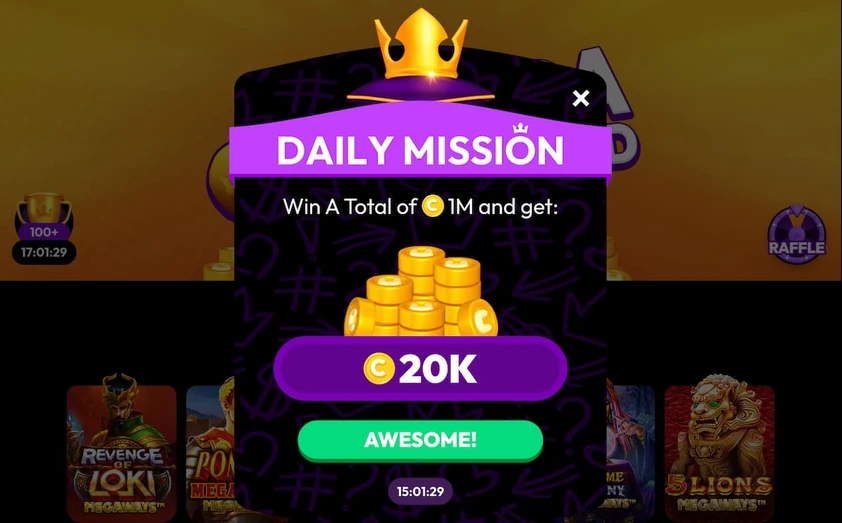 Crown Coins daily mission popup with a crown header, a coin winnings goal, the reward amount and an awesome button