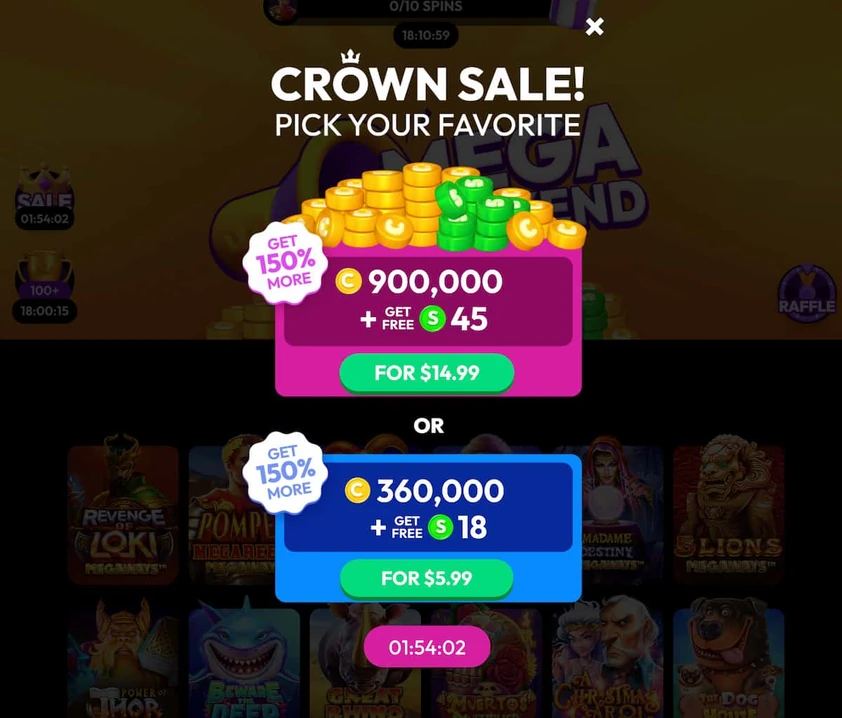 Crown Coins Crown Sale popup offering a choice of two discounted coin packages with buy buttons and a countdown timer