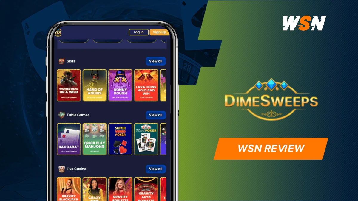 Smartphone showing the DimeSweeps game lobby beside the DimeSweeps and WSN logos on a navy and green banner