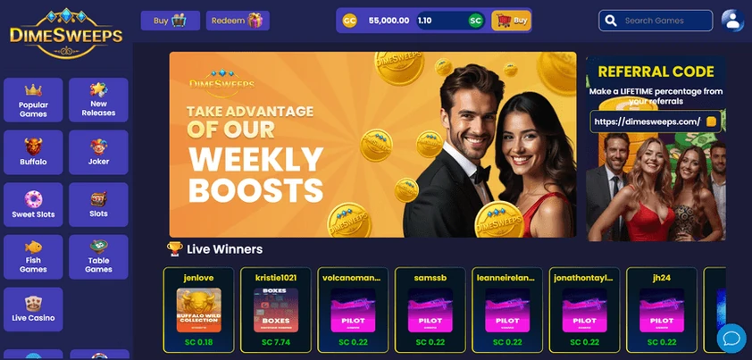 DimeSweeps lobby with game category tiles, a weekly boosts hero banner, a referral code panel and a live winners row