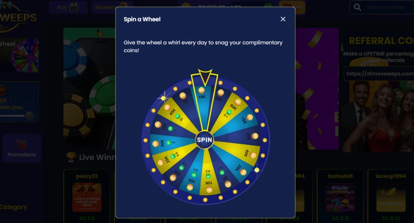DimeSweeps spin a wheel popup with a daily prize wheel and spin button over the dimmed lobby
