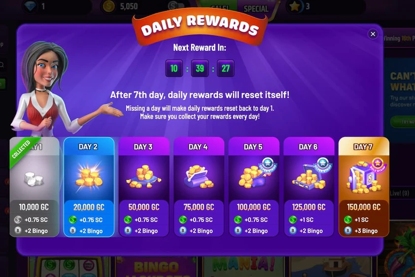Ding Ding Ding daily rewards popup with a host character, a next reward countdown and seven daily reward cards