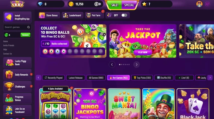 Ding Ding Ding lobby with promo banners, game category tabs, slot tiles and a left menu of bonus features