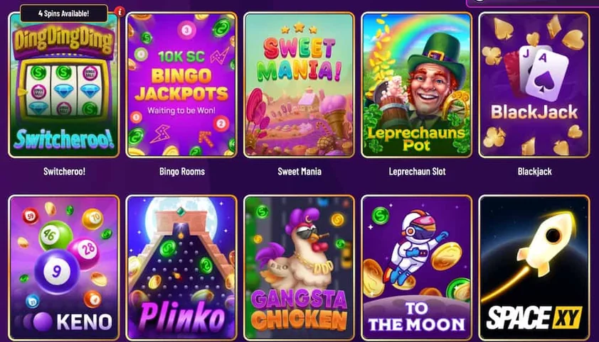 Ding Ding Ding game grid with slot, bingo, blackjack, keno, plinko and crash game tiles with their titles below