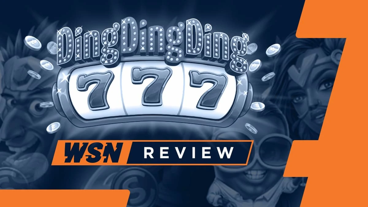 Ding Ding Ding logo with a triple seven slot reel above a WSN review ribbon on a navy and orange banner with game characters