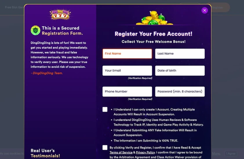 Ding Ding Ding registration form with name, email, birth date, phone and password fields plus account rule checkboxes