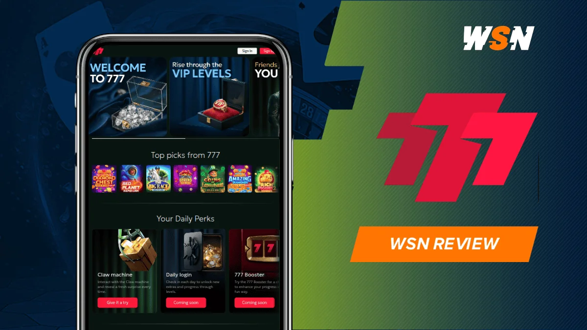 Smartphone showing the FireSevens 777 mobile lobby beside the red 777 logo and WSN logo on a navy and green banner