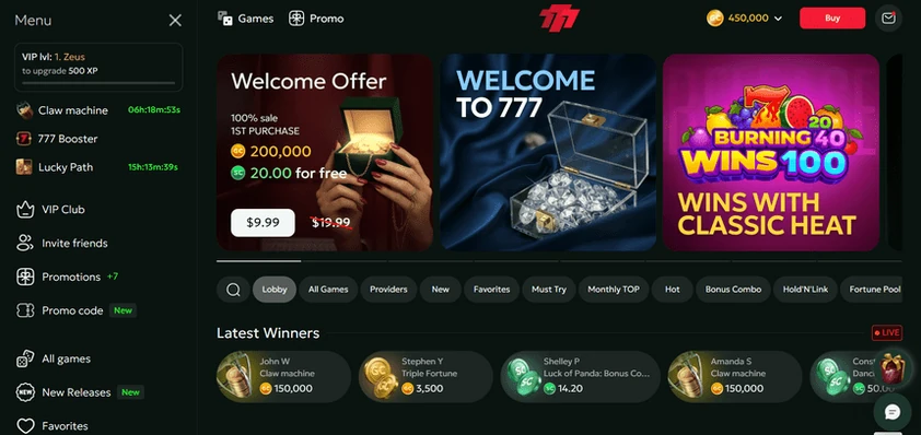 FireSevens desktop lobby with the left menu, welcome offer and game promo banners, category tabs and a latest winners row