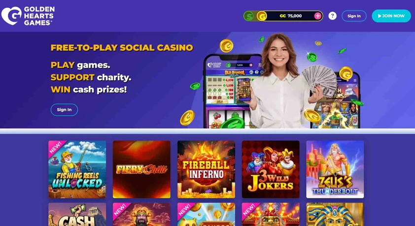 Golden Hearts Games homepage hero with a woman holding cash beside phone mockups, a sign in button and slot tiles below