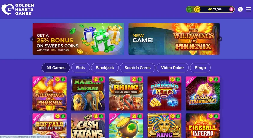 Golden Hearts Games lobby with promo banners, filter tabs for slots, blackjack, scratch cards, video poker and bingo