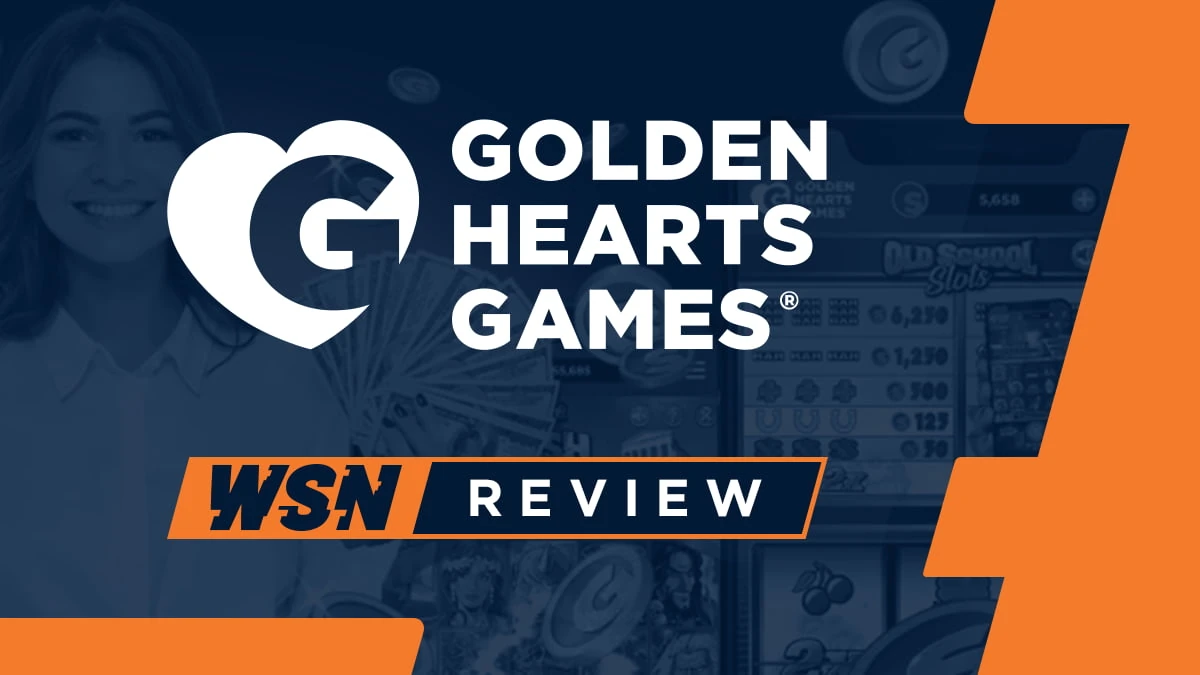 Golden Hearts Games heart logo above a WSN review ribbon on a navy and orange banner with a smiling woman and slot screens
