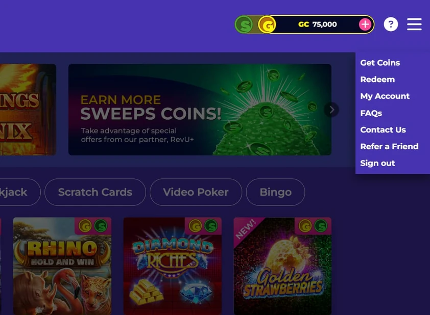Golden Hearts Games header with the coin balance and an open menu listing get coins, redeem, account, FAQ and refer a friend