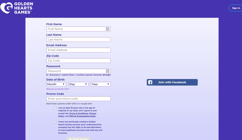 Golden Hearts Games sign up form with name, email, zip, password, birth date and promo code fields