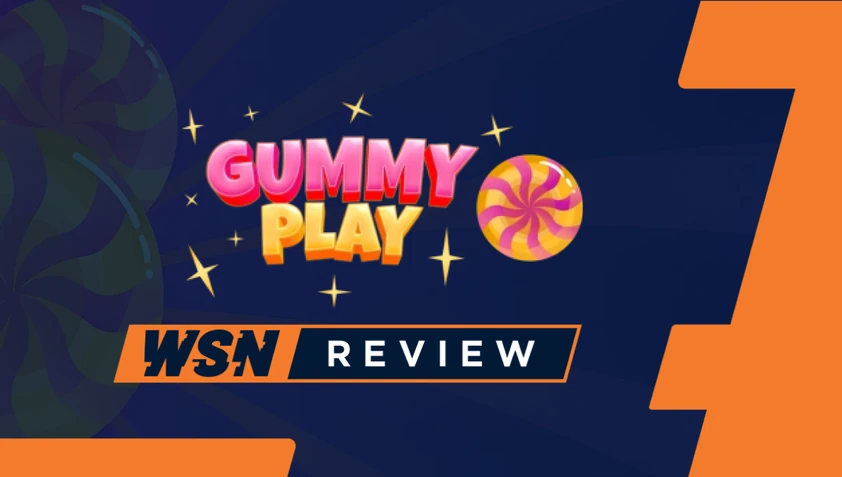 GummyPlay candy logo with a swirl lollipop and sparkles above a WSN review ribbon on a navy and orange banner
