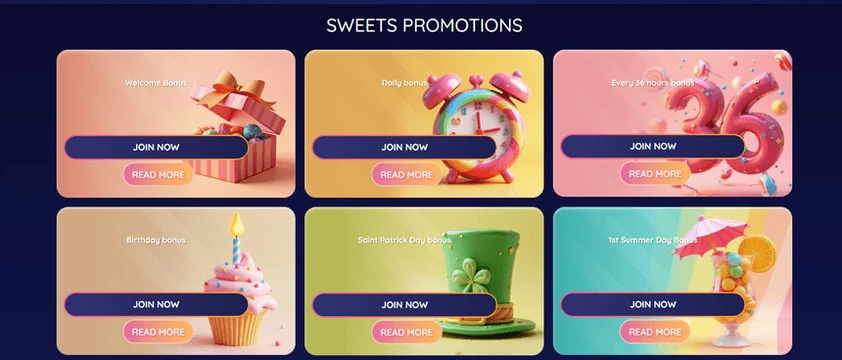 GummyPlay promotions grid with six candy-themed cards for welcome, daily, birthday and seasonal bonuses