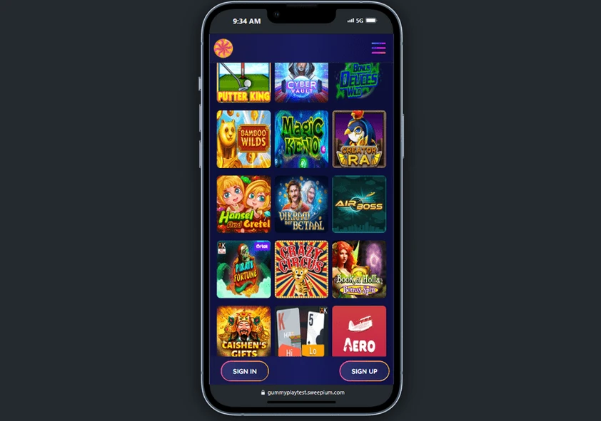 GummyPlay mobile lobby in a phone frame showing a grid of game tiles with sign in and sign up buttons at the bottom