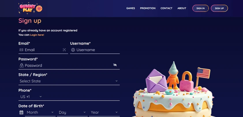GummyPlay sign up form with email, username, password, state, phone and date of birth fields beside a decorated cake graphic